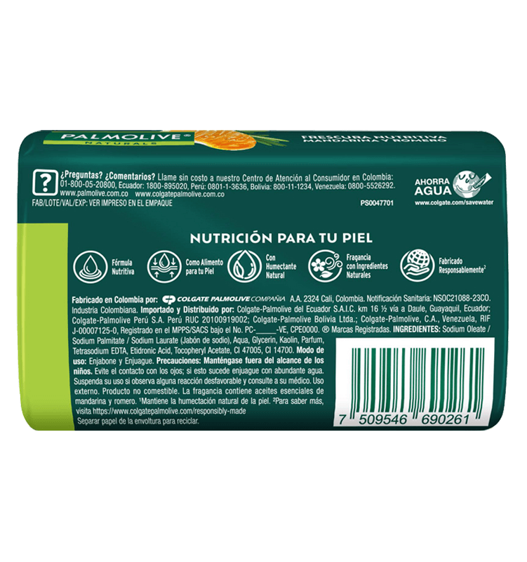 Instrucciones de uso y componentes Jabón Palmolive Naturals Mandarina y Romero Instrucciones de uso y componentes Jabón Palmolive Naturals Mandarina y Romero